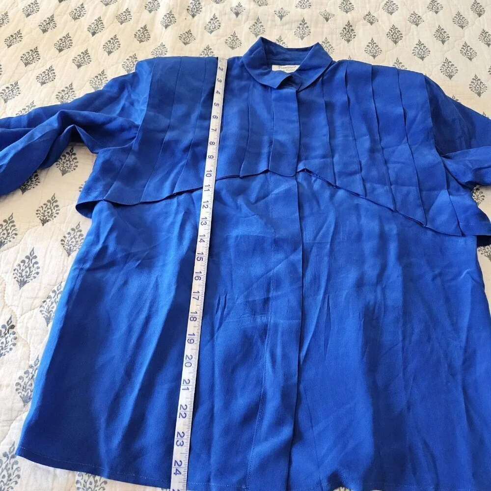 Francesca of Damon Royal Blue 100% SILK Pleated Blouse Vintage 80s 6 - Picture 10 of 16